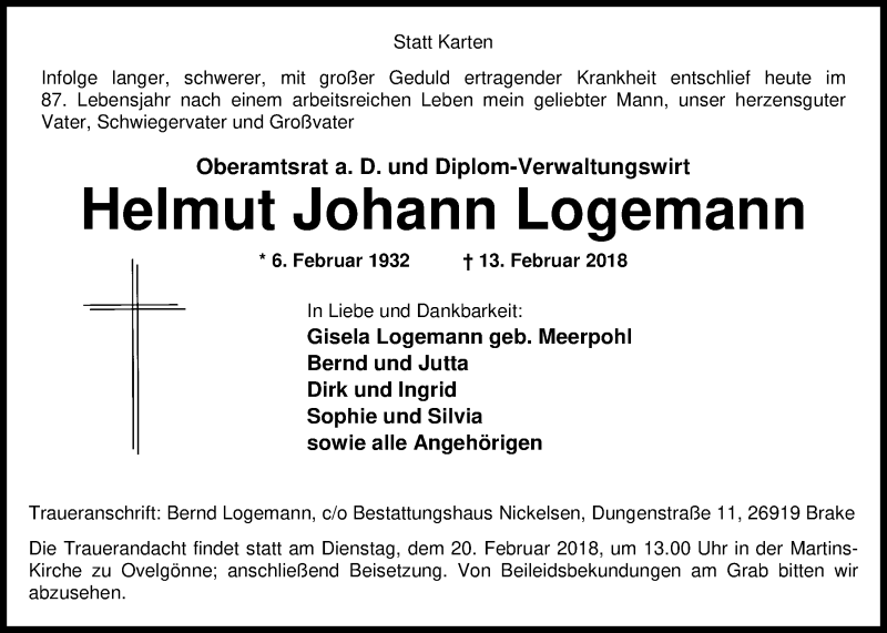  Traueranzeige für Helmut Johann Logemann vom 16.02.2018 aus Nordwest-Zeitung