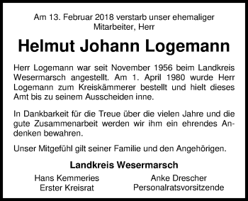 Traueranzeige von Helmut Johann Logemann von Nordwest-Zeitung