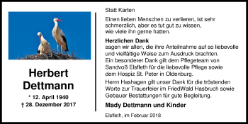 Traueranzeige von Herbert Dettmann von Nordwest-Zeitung