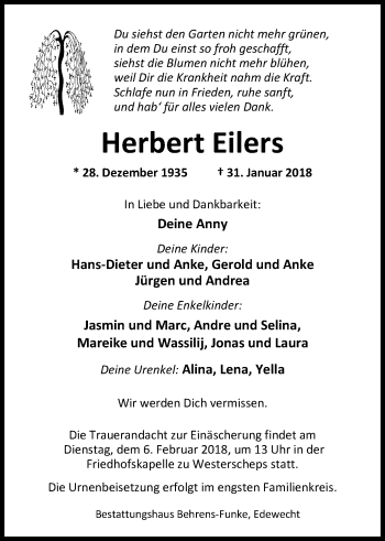 Traueranzeige von Herbert Eilers von Nordwest-Zeitung