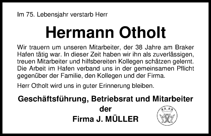  Traueranzeige für Hermann Otholt vom 13.02.2018 aus Nordwest-Zeitung