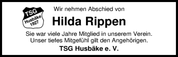 Traueranzeige von Hilda Rippen von Nordwest-Zeitung