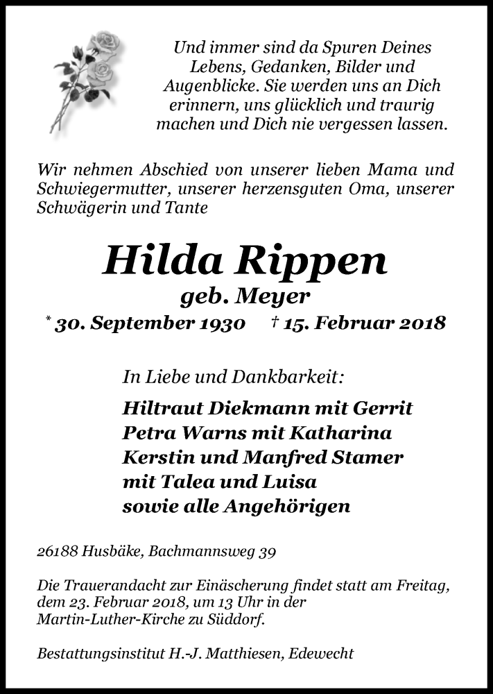  Traueranzeige für Hilda Rippen vom 20.02.2018 aus Nordwest-Zeitung