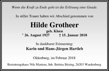 Traueranzeige von Hilde Grotheer von Nordwest-Zeitung