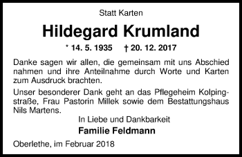Traueranzeige von Hildegard Krumland von Nordwest-Zeitung