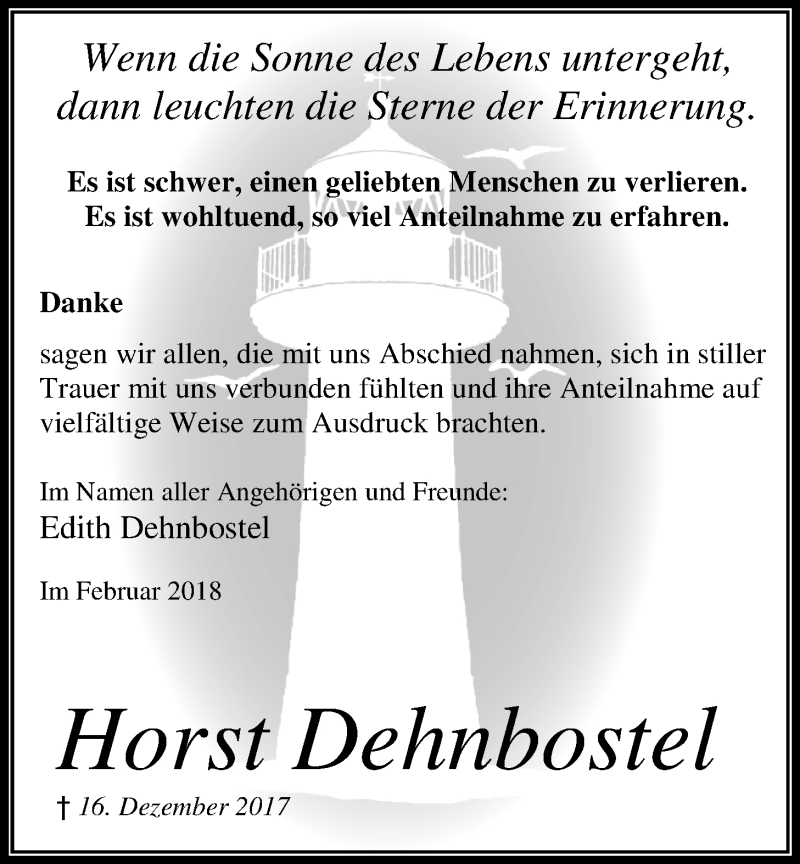  Traueranzeige für Horst Dehnbostel vom 03.02.2018 aus Nordwest-Zeitung