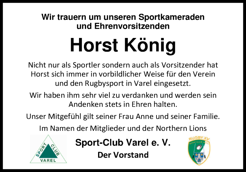  Traueranzeige für Horst König vom 10.02.2018 aus Nordwest-Zeitung