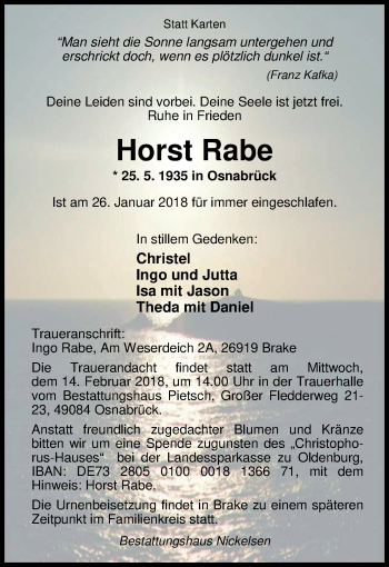 Traueranzeige von Horst Rabe von Nordwest-Zeitung