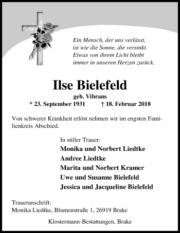 Traueranzeige von Ilse Bielefeld von Nordwest-Zeitung