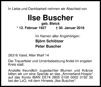 Traueranzeige von Ilse Buscher von Nordwest-Zeitung