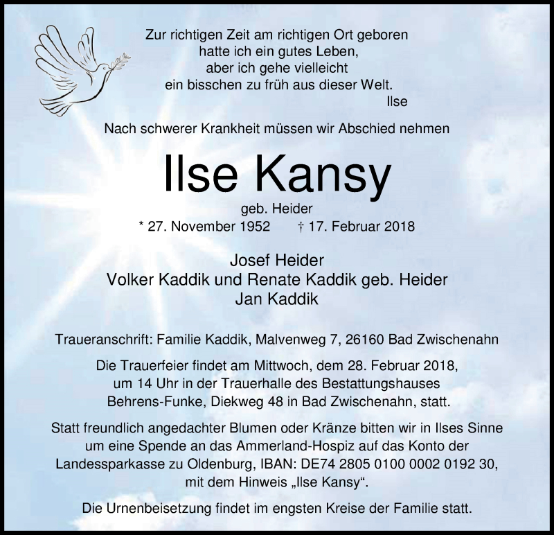  Traueranzeige für Ilse Kansy vom 24.02.2018 aus Nordwest-Zeitung