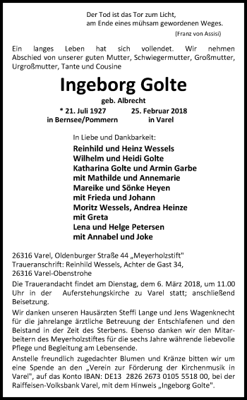 Traueranzeige von Ingeborg Golte von Nordwest-Zeitung