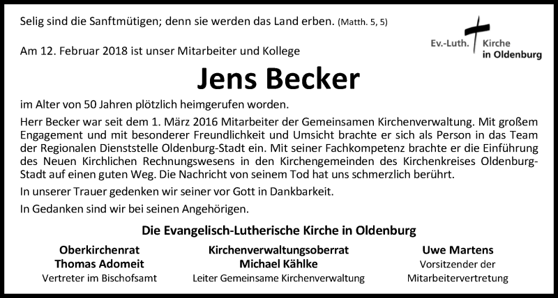  Traueranzeige für Jens Becker vom 15.02.2018 aus Nordwest-Zeitung