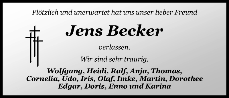  Traueranzeige für Jens Becker vom 15.02.2018 aus Nordwest-Zeitung