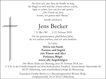 Traueranzeige von Jens Becker von Nordwest-Zeitung