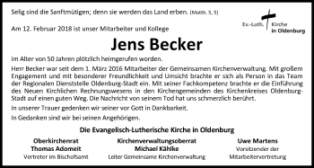 Traueranzeige von Jens Becker von Nordwest-Zeitung