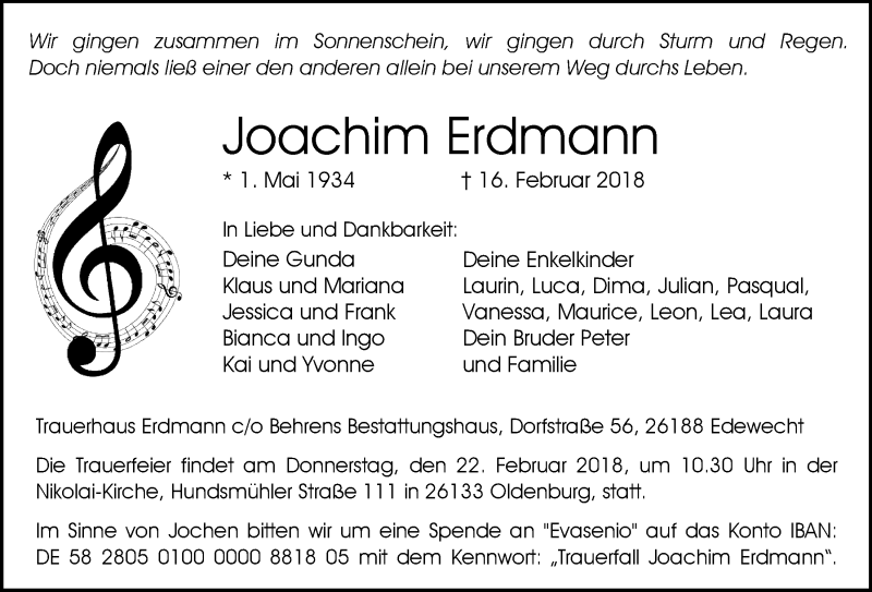  Traueranzeige für Joachim Erdmann vom 19.02.2018 aus Nordwest-Zeitung