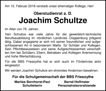 Traueranzeige von Joachim Schultze von Nordwest-Zeitung
