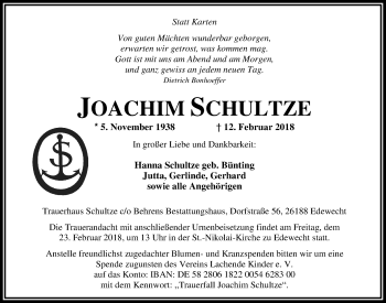 Traueranzeige von Joachim Schultze von Nordwest-Zeitung
