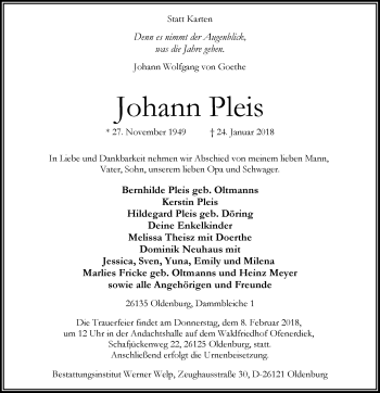 Traueranzeige von Johann Pleis von Nordwest-Zeitung