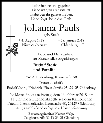 Traueranzeige von Johanna Pauls von Nordwest-Zeitung