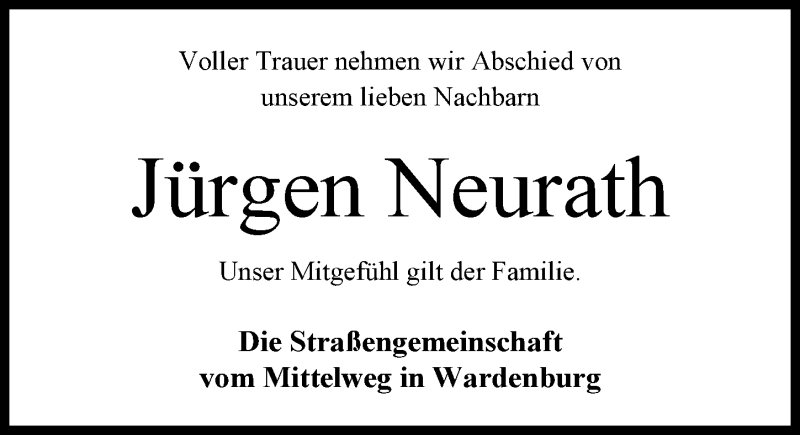  Traueranzeige für Jürgen Neurath vom 20.02.2018 aus Nordwest-Zeitung