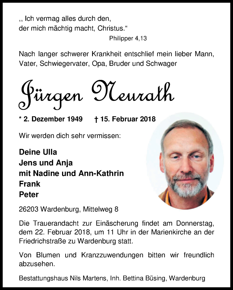  Traueranzeige für Jürgen Neurath vom 19.02.2018 aus Nordwest-Zeitung