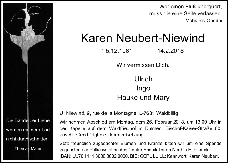  Traueranzeige für Karen Neubert-Niewind vom 21.02.2018 aus Nordwest-Zeitung