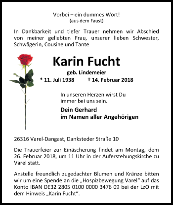 Traueranzeige von Karin Fucht von Nordwest-Zeitung