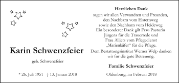 Traueranzeige von Karin Schwenzfeier von Nordwest-Zeitung