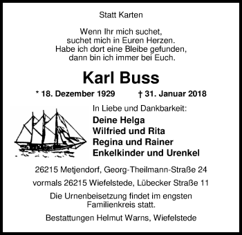 Traueranzeige von Karl Buss von Nordwest-Zeitung