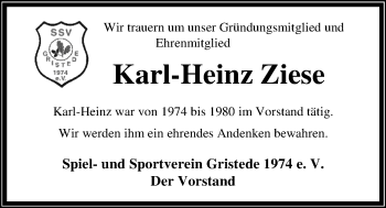 Traueranzeige von Karl-Heinz Ziese von Nordwest-Zeitung