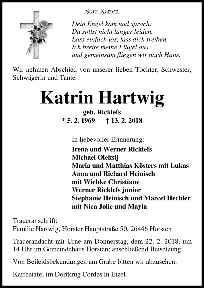  Traueranzeige für Katrin Hartwig vom 20.02.2018 aus Nordwest-Zeitung