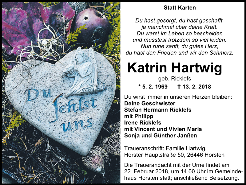  Traueranzeige für Katrin Hartwig vom 20.02.2018 aus Nordwest-Zeitung