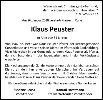 Traueranzeige von Klaus Peuster von Nordwest-Zeitung