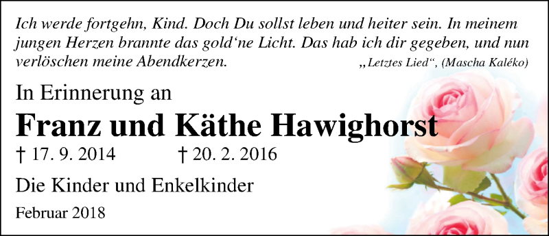  Traueranzeige für Katharina (Käthe) Hawighorst vom 20.02.2018 aus Nordwest-Zeitung