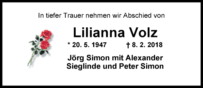  Traueranzeige für Lilianna Volz vom 17.02.2018 aus Nordwest-Zeitung