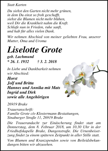 Traueranzeige von Liselotte Grote von Nordwest-Zeitung