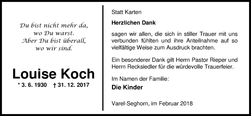  Traueranzeige für Louise Koch vom 09.02.2018 aus Nordwest-Zeitung