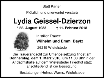 Traueranzeige von Lydia Geissel-Dzierzon von Nordwest-Zeitung