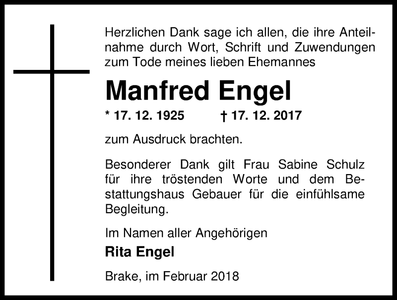 Traueranzeige für Manfred Engel vom 27.02.2018 aus Nordwest-Zeitung