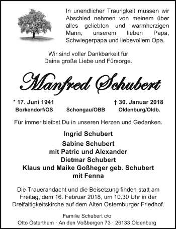 Traueranzeige von Manfred Schubert von Nordwest-Zeitung