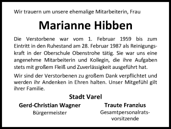 Traueranzeige von Marianne Hibben von Nordwest-Zeitung