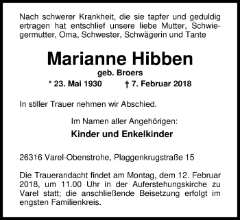 Traueranzeige von Marianne Hibben von Nordwest-Zeitung
