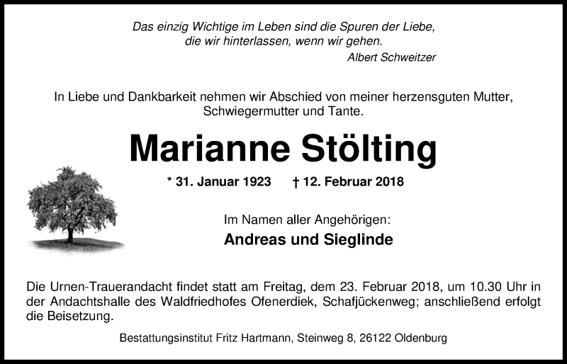  Traueranzeige für Marianne Stölting vom 16.02.2018 aus Nordwest-Zeitung