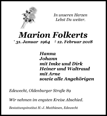 Traueranzeige von Marion Folkerts von Nordwest-Zeitung
