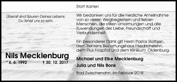 Traueranzeige von Nils Mecklenburg von Nordwest-Zeitung