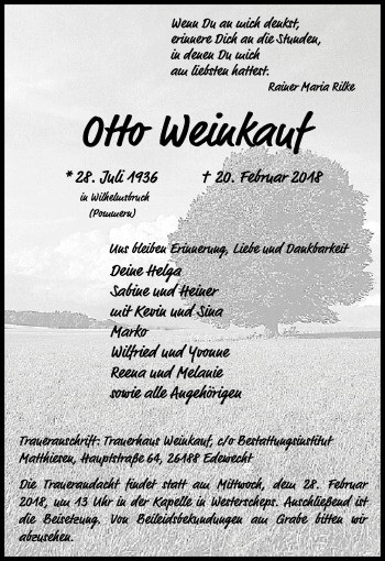 Traueranzeige von Otto Weinkauf von Nordwest-Zeitung