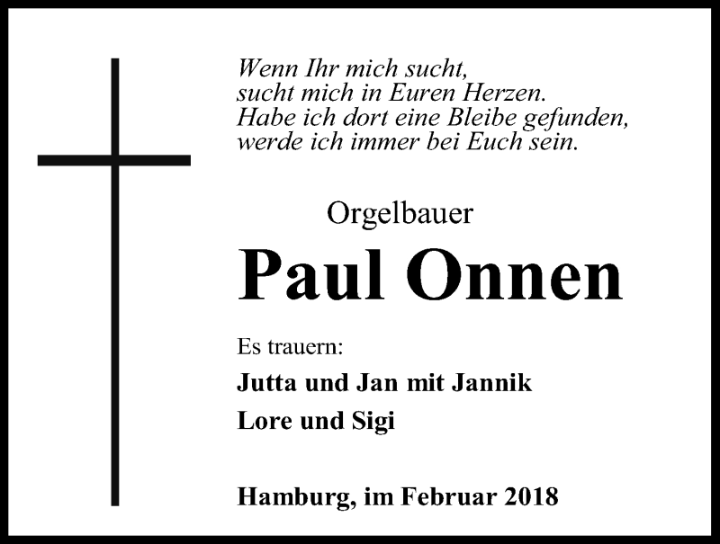  Traueranzeige für Paul Onnen vom 12.02.2018 aus Nordwest-Zeitung