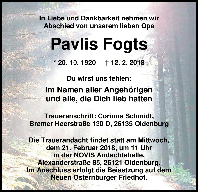  Traueranzeige für Pavlis Fogts vom 17.02.2018 aus Nordwest-Zeitung